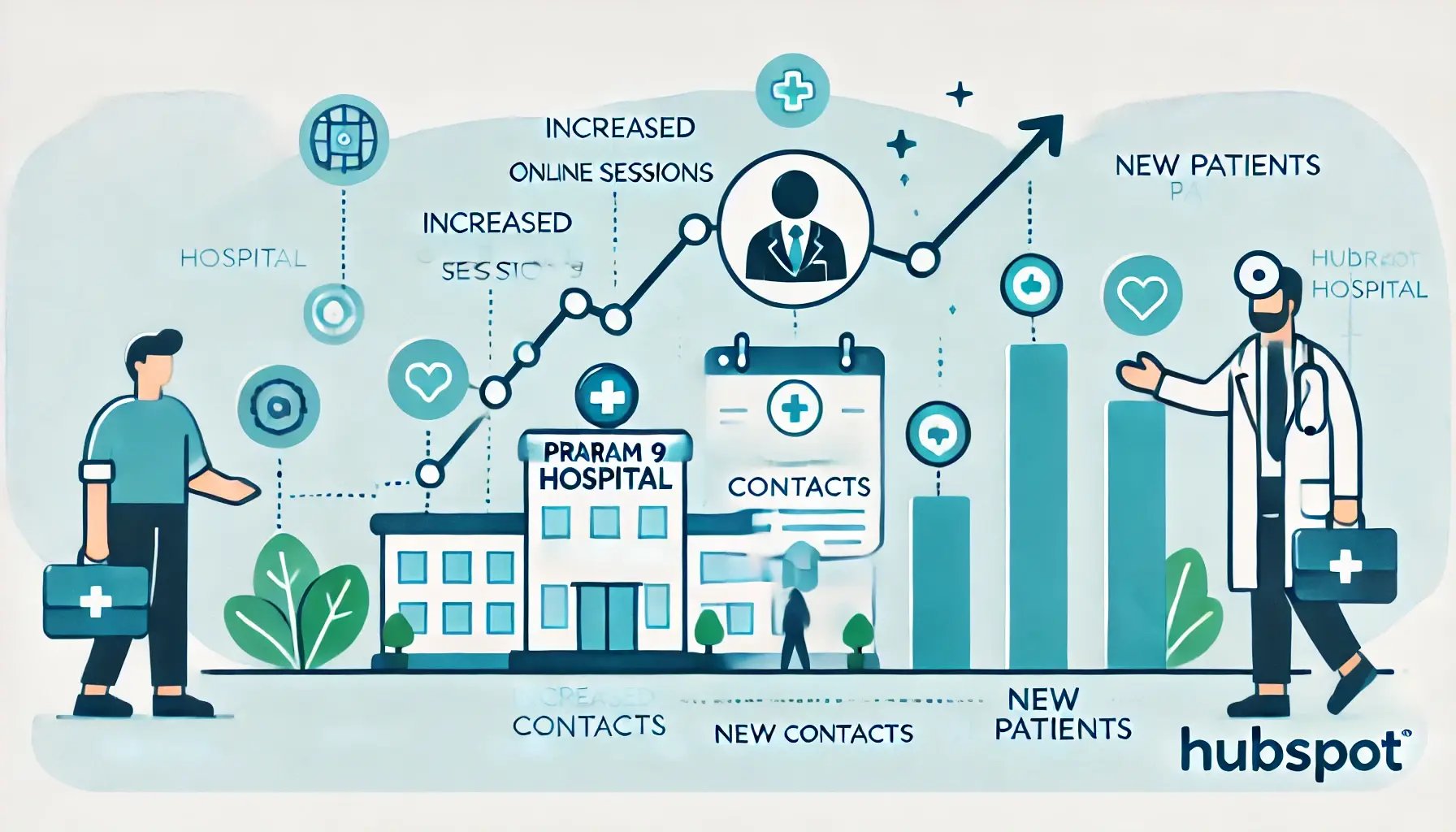 A minimalistic 16_9 illustration showing the success of Praram 9 Hospital using HubSpot. The image includes icons or representations of increased onli