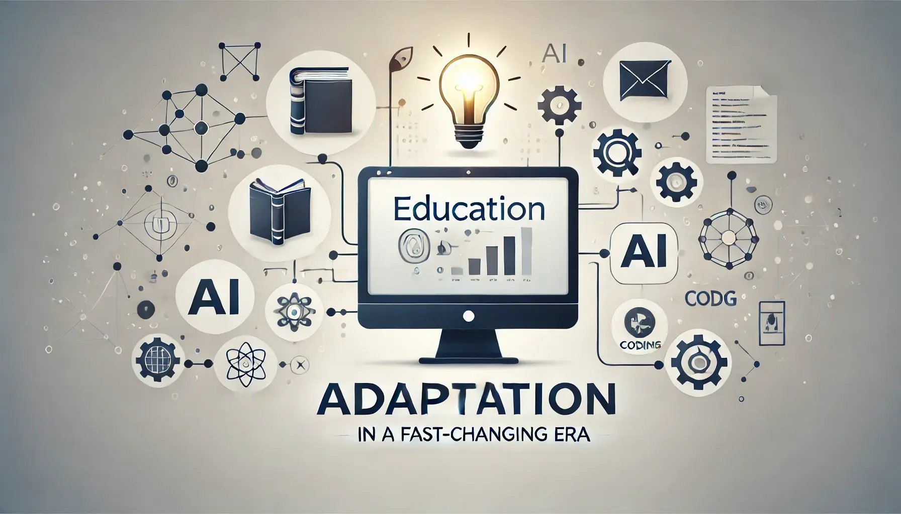 A minimalistic illustration representing the adaptation of education businesses in a fast-changing era. The image features a sleek computer with educa