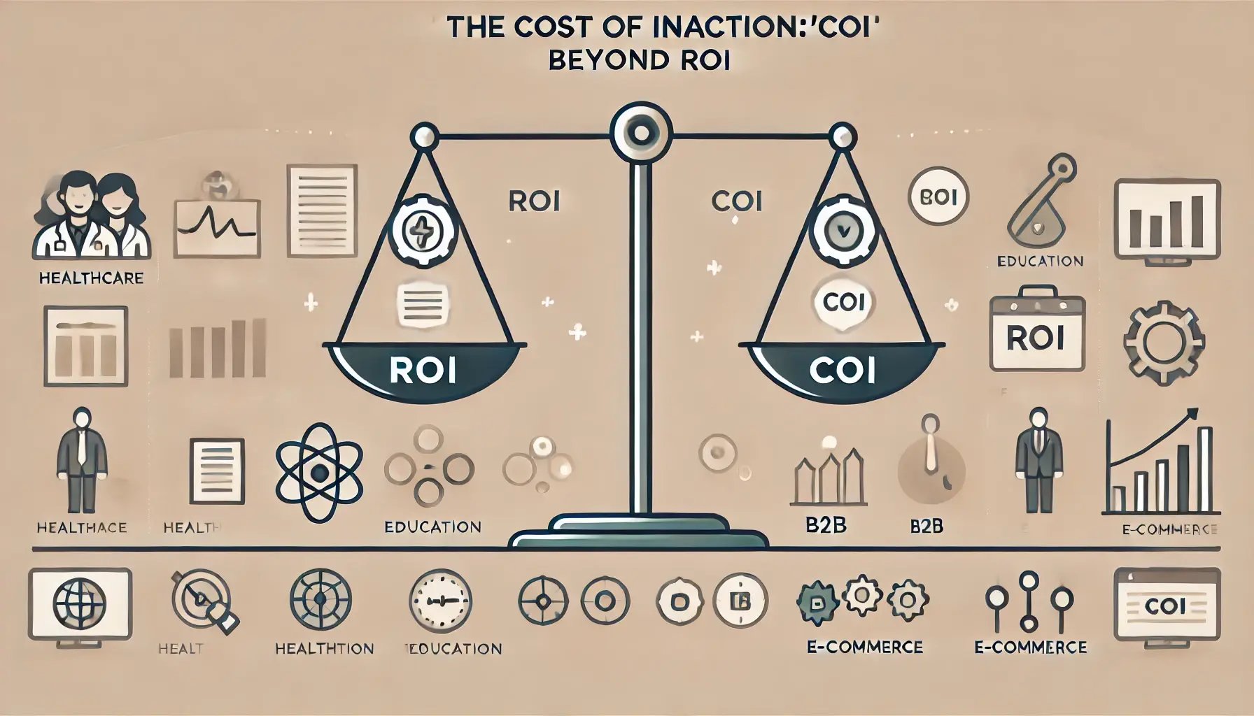 A minimalistic illustration showing the concept of The Cost of Inaction (COI)_ Beyond ROI with simple icons and symbols. The image should include a2