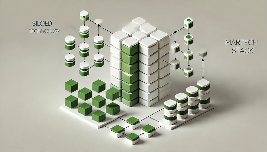 A minimalistic image illustrating siloed technology and a martech stack with added green color. Show a series of disconnected, isolated blocks 1(repres