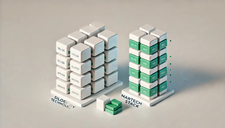 A minimalistic image illustrating siloed technology and a martech stack. Show a series of disconnected, isolated blocks (representing silos) on one 2si