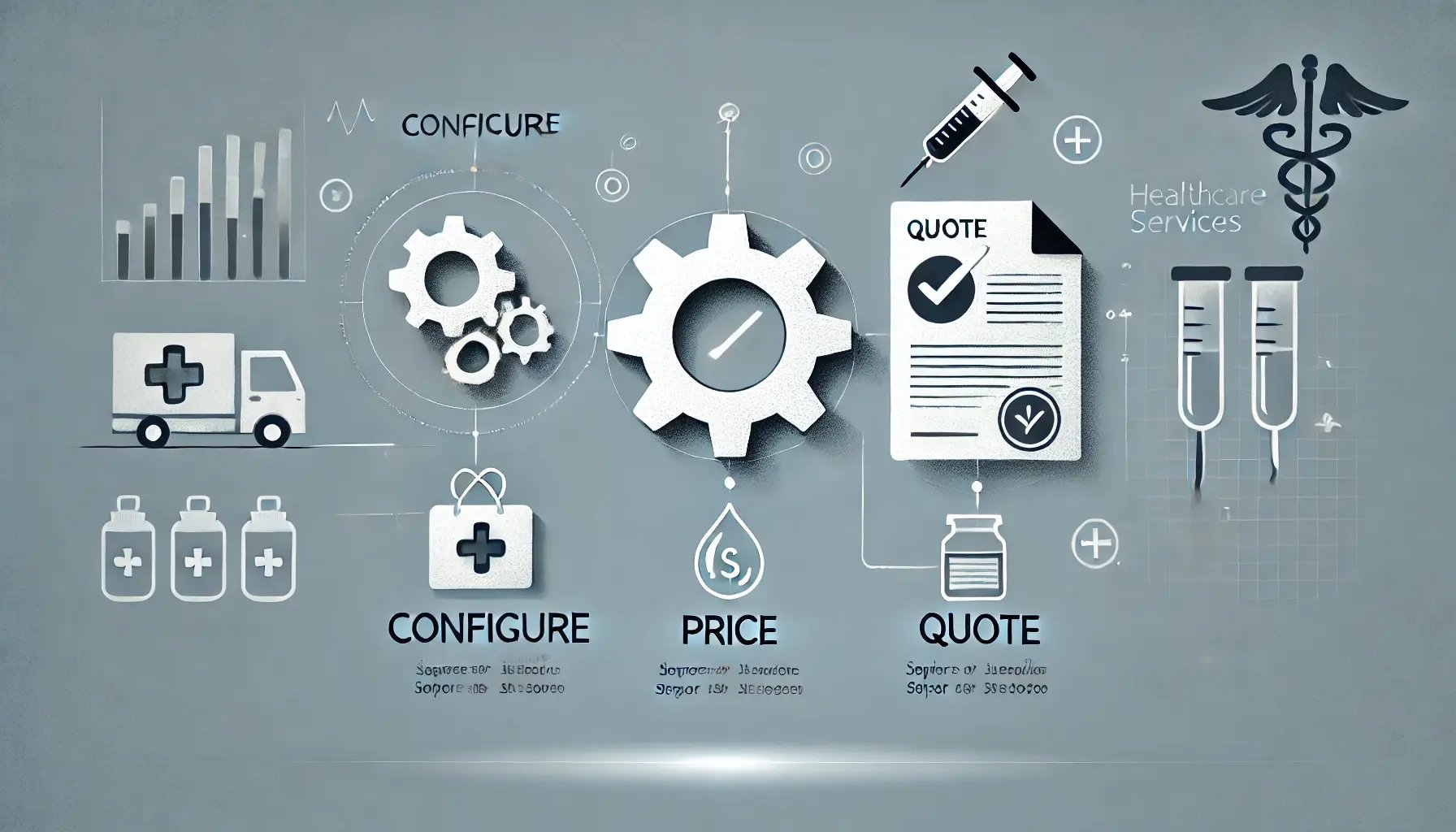 A minimalistic image illustrating the benefits of CPQ (Configure, Price, Quote) for a healthcare business. The image shows three interconnected icons_