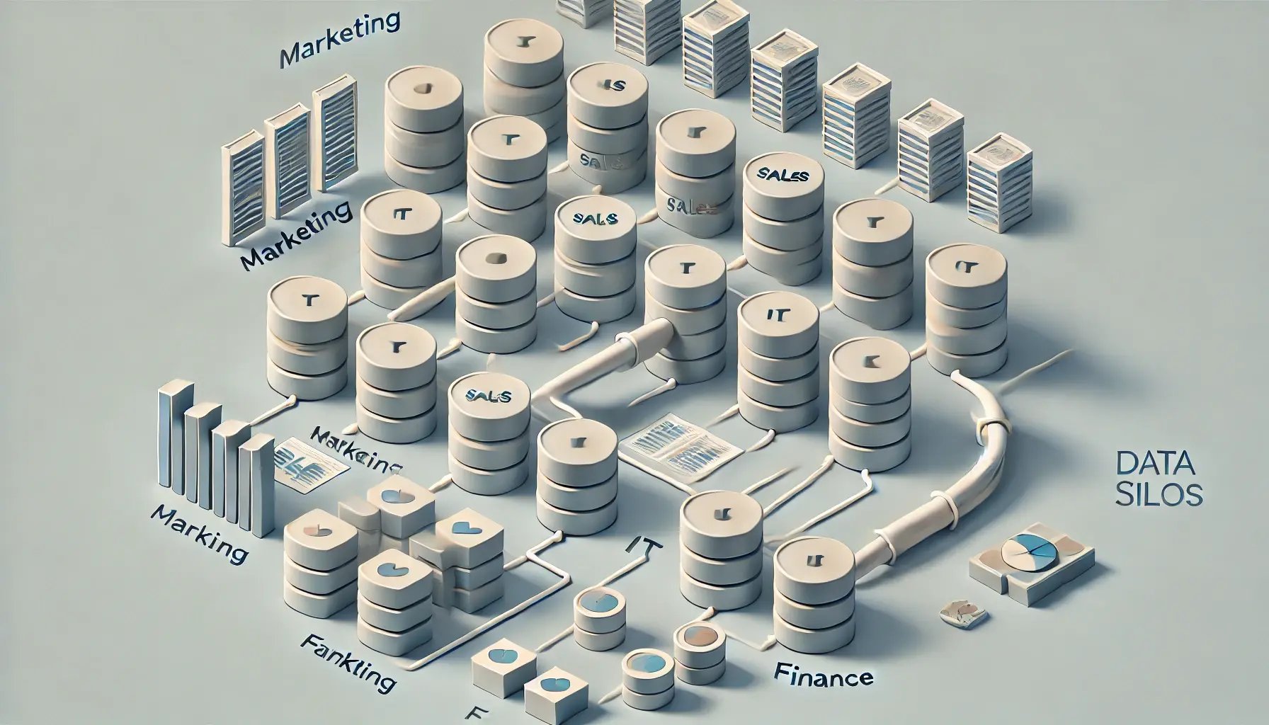 A2 minimalistic illustration in 16_9 aspect ratio showing the concept of Data Silos being broken down. The image features several isolated stacks of da