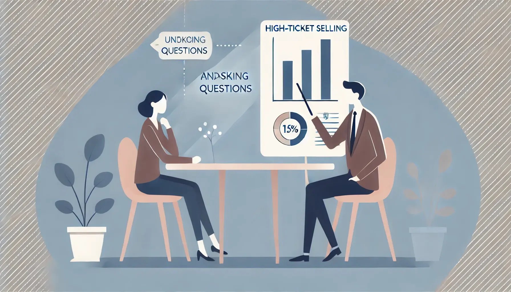 A2 minimalistic illustration of a person engaging in a business conversation, using a chart or whiteboard, emphasizing the importance of asking questio