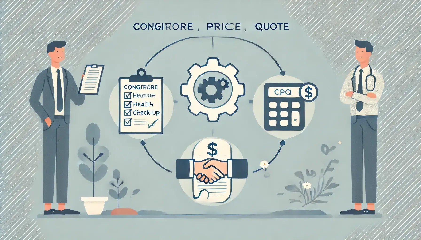 A2 minimalistic illustration of the Configure, Price, Quote (CPQ) process in a healthcare business context. The image should show three interconnected 