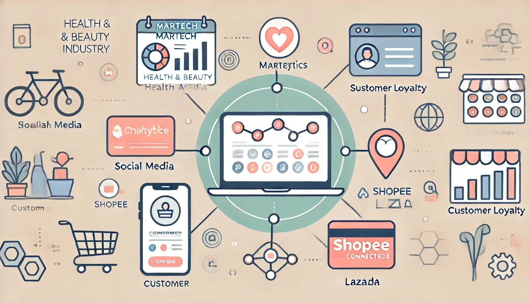 A2 minimalistic illustration showing the integration of MarTech in the health and beauty industry. The image should include elements such as a laptop w