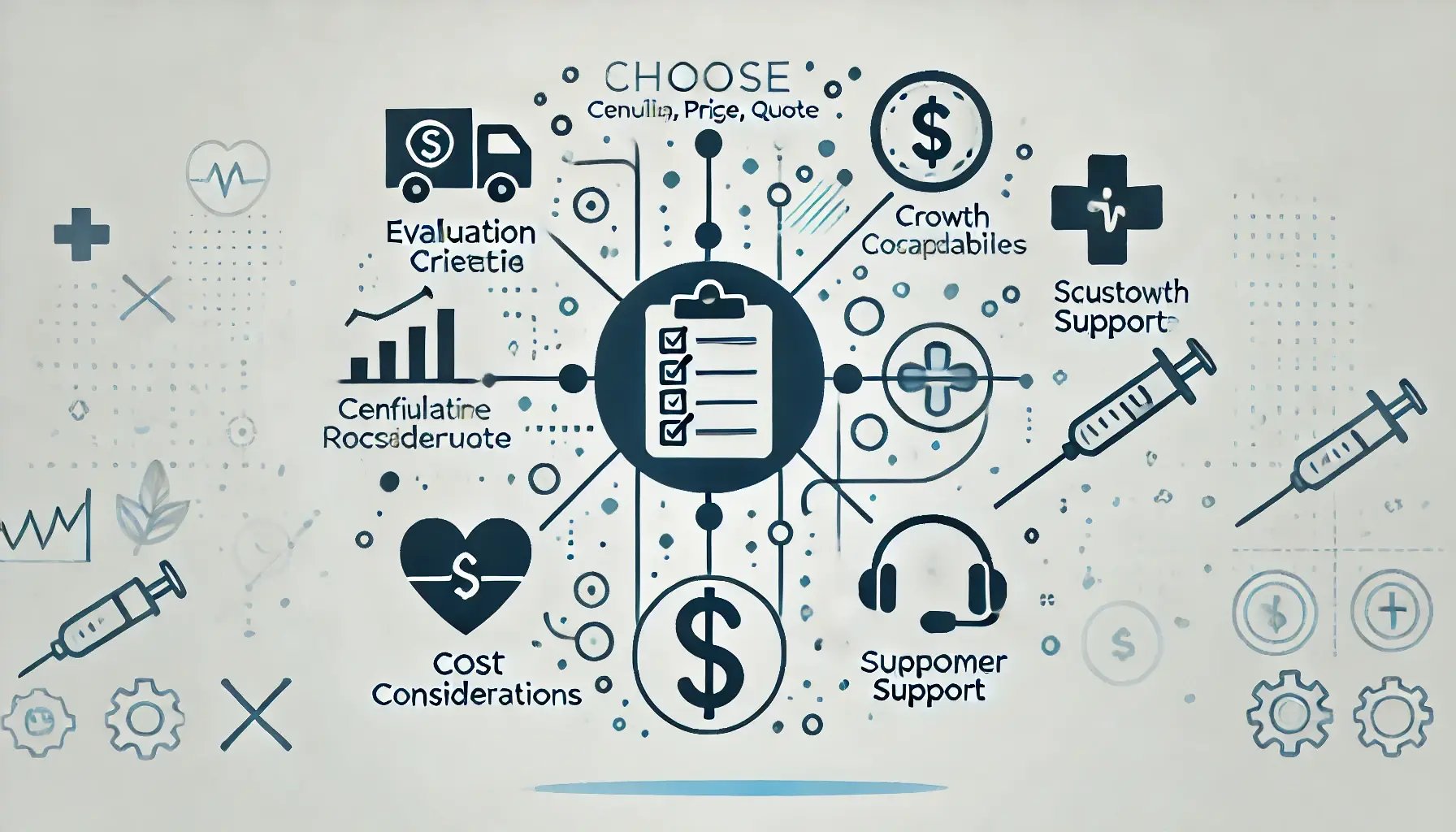 A2 minimalistic image illustrating the factors to consider when choosing CPQ (Configure, Price, Quote) software for a healthcare business. The image sh