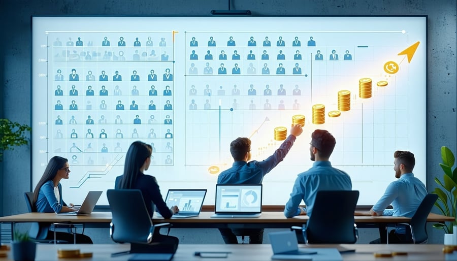 A clean modern 3D illustration of a small startup team in an office looking at a large digital screen On the screen there are three distinct sections Section 1 A diagram showing many small grayedout groups of people icons but a single focused beam o-1