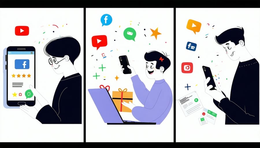 A clean modern flat illustration in a fourpanel storyboard format showing a characters journey Panel 1 A person is happily scrolling on a smartphone floating around the phone are the recognizable logos for Facebook YouTube and TikTok Panel 2 The same-1