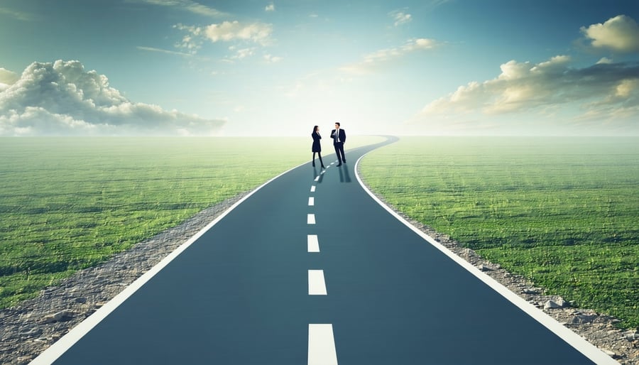 A conceptual illustration of a long winding and complicated road stretching into the distance representing a long sales cycle At the start of the road a salesperson is enthusiastically talking to an engaged customer As the road continues the customer-1