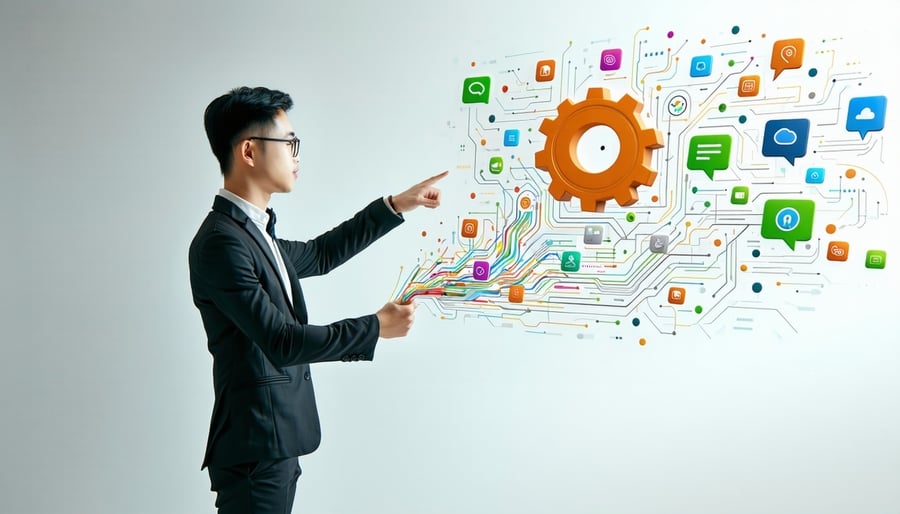 A dynamic illustration of a confident Asian startup marketer standing like an orchestra conductor With calm focused gestures they are directing a chaotic swirl of miscellaneous app icons and data streams channeling them into a single elegant floating