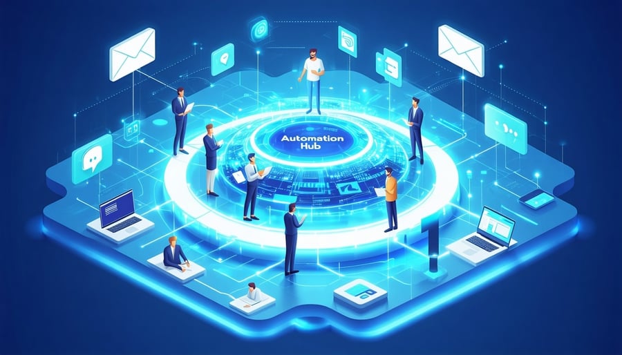 A futuristic isometric illustration of a central glowing hub labeled Automation Hub Connected to it are various communication channels email social media and a chatbot The hub is automatically sending out perfectly timed consistent messages to differ-1