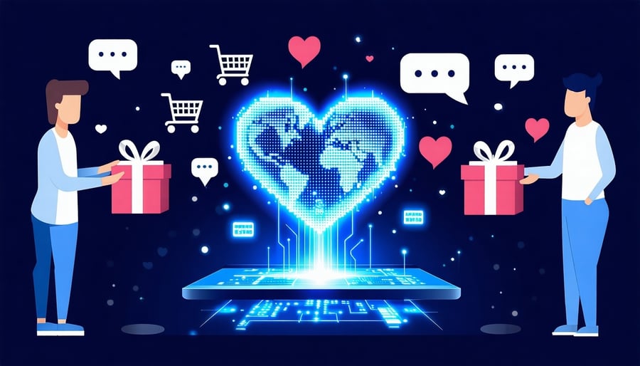 A modern flat design illustration showing various data icons shopping carts chat bubbles hearts flowing from a group of customer avatars into a central glowing heartshaped processor From this heartprocessor unique personalized care packages symbolize-1