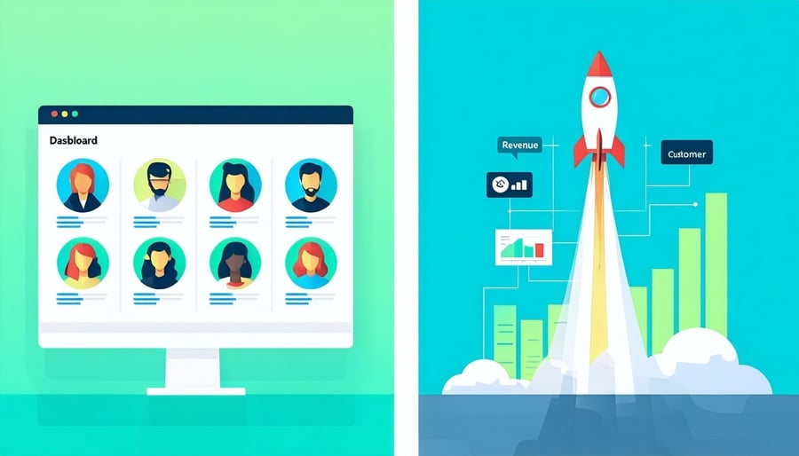 A modern flatstyle illustration showing a business dashboard On one side it shows diverse customer personas with data points On the other side a rocket ship labeled Revenue is launching upwards past charts showing increasing customer satisfaction and