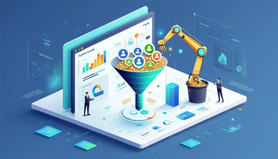 A modern isometric illustration of a clean business dashboard on a floating screen The main feature is a sales funnel clearly divided into stages Inside the funnel some highquality lead icons are highlighted in gold while other dead deal icons are be