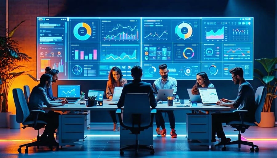 A modern startup office with a small diverse team using AIpowered CRM software on laptops and large screens The interface shows charts customer profiles and automated chat responses Futuristic UI design vibrant colors clean tech aesthetic digital tra-1