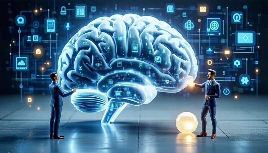 A symbolic 3D illustration showing a large glowing and wellorganized brain representing a companys Internal Knowledge Base Inside the transparent brain you can see structured data icons and clear pathways One employee is easily pulling a glowing piec