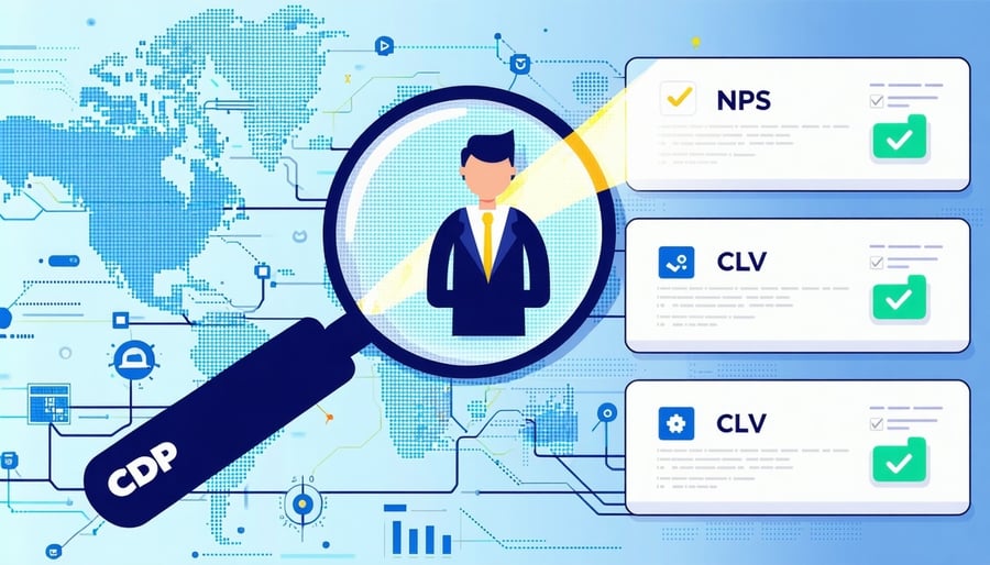 A symbolic illustration showing a large intelligent magnifying glass with a CDP logo on the handle It is hovering over a complex customer journey map precisely focusing on a key interaction point From the magnifying glass a laserlike beam of light pr-1
