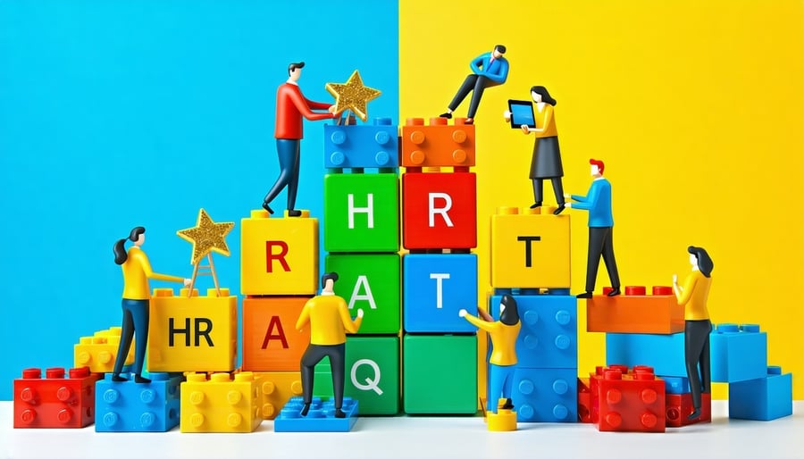 A vibrant 3D illustration of a diverse team of people working together to build a large organized structure out of Legolike blocks The blocks are different colors representing categories like HR blue IT green etc One person is sorting through a pile