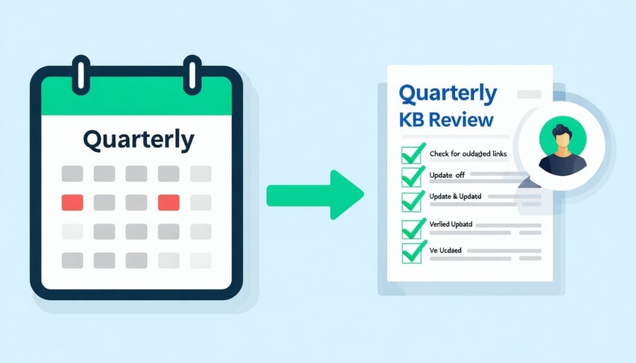 An infographicstyle illustration showing a large calendar with a specific date circled labeled Quarterly KB Review An arrow flows from the calendar to a checklist where items like Check for outdated links and Update articles are being ticked off by a